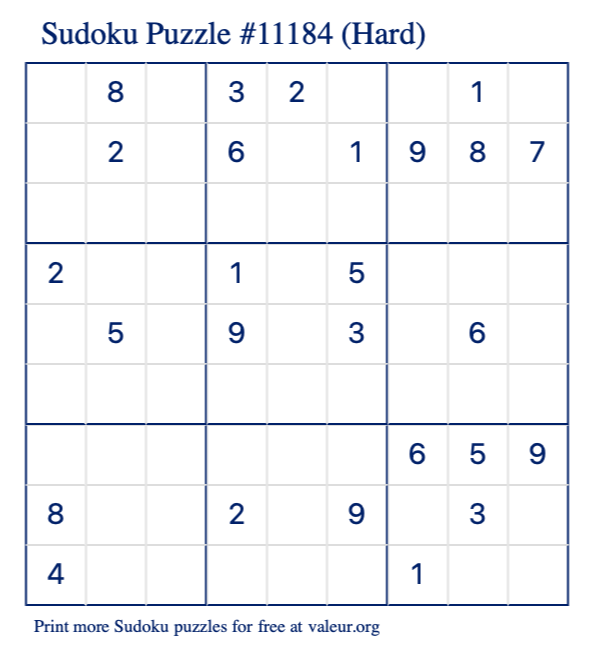 Free Printable Hard Sudoku Puzzle number 11184