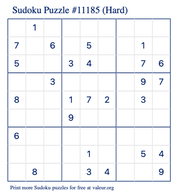 Free Printable Hard Sudoku Puzzle number 11185