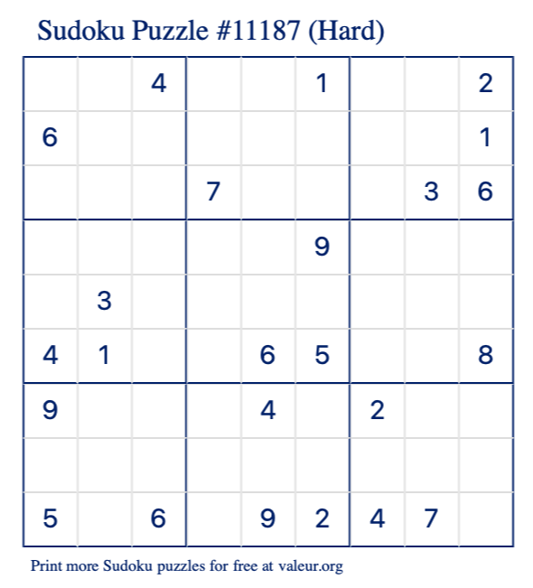 Free Printable Hard Sudoku Puzzle number 11187