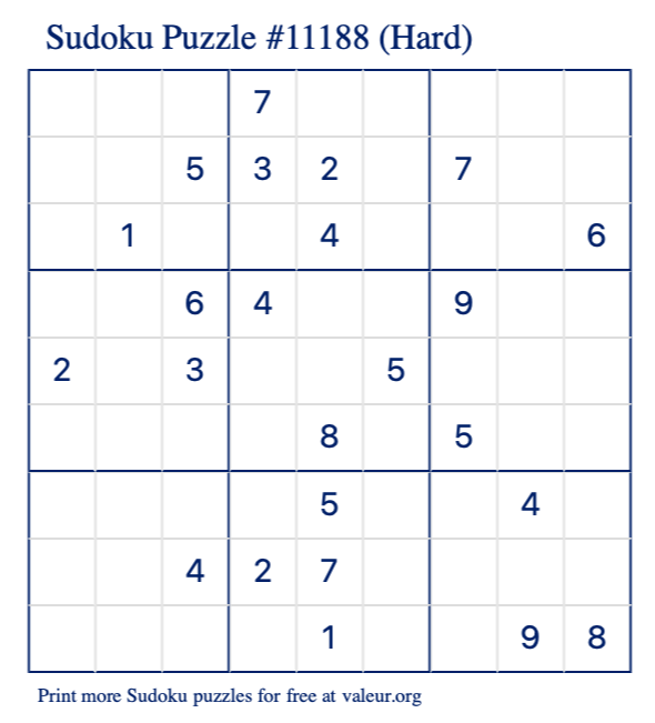 Free Printable Hard Sudoku Puzzle number 11188