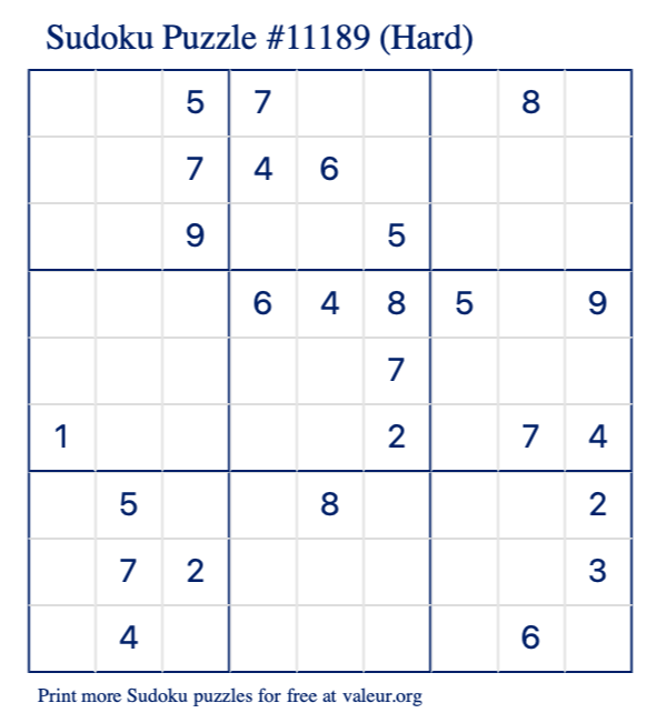 Free Printable Hard Sudoku Puzzle number 11189