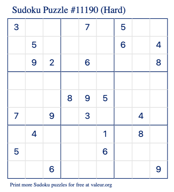 Free Printable Hard Sudoku Puzzle number 11190