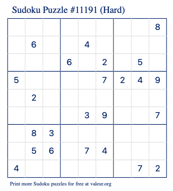 Free Printable Hard Sudoku Puzzle number 11191