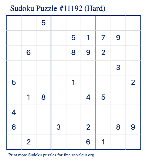 Free Printable Hard Sudoku Puzzle number 11192