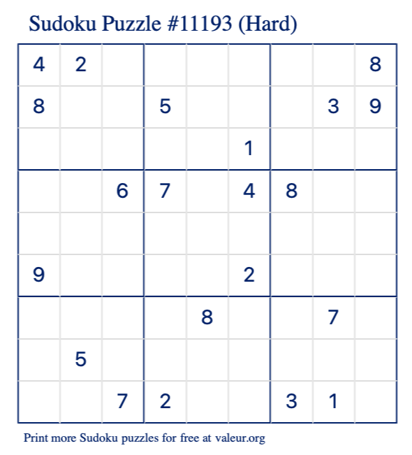 Free Printable Hard Sudoku Puzzle number 11193