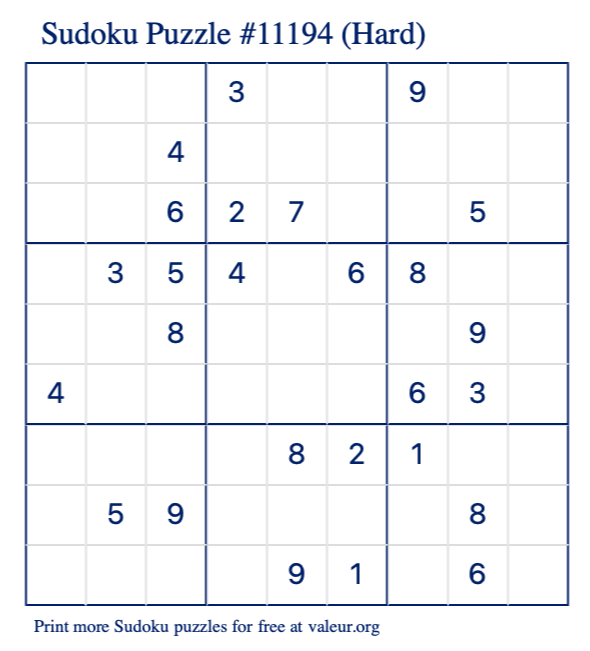 Free Printable Hard Sudoku Puzzle number 11194