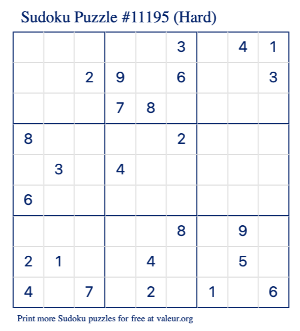 Free Printable Hard Sudoku Puzzle number 11195