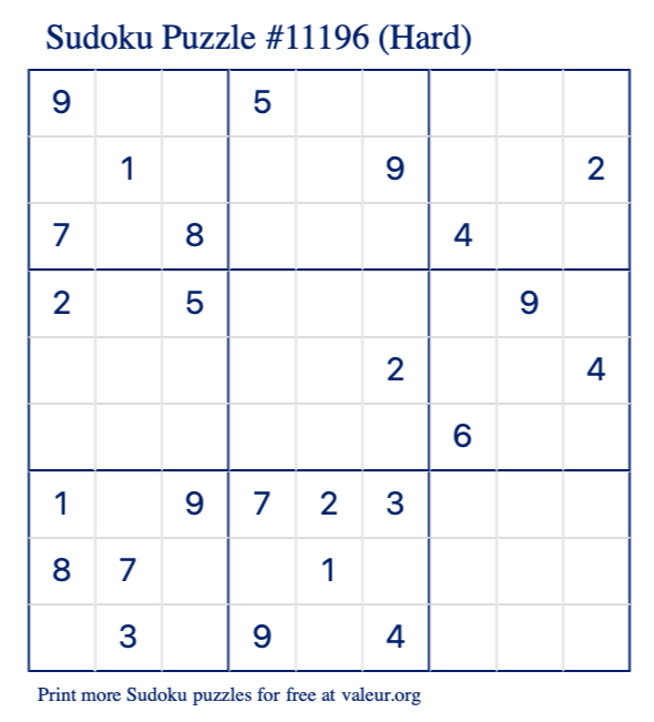 Free Printable Hard Sudoku Puzzle number 11196