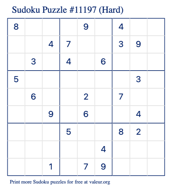 Free Printable Hard Sudoku Puzzle number 11197