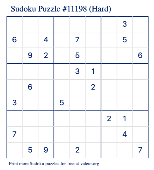 Free Printable Hard Sudoku Puzzle number 11198