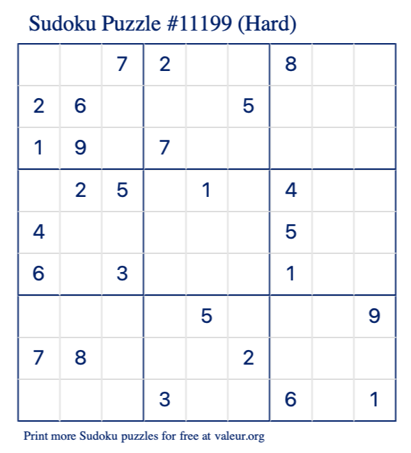 Free Printable Hard Sudoku Puzzle number 11199