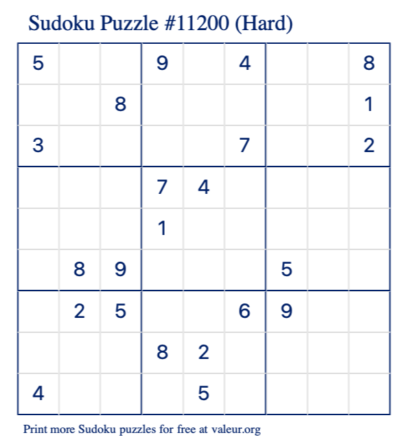 Free Printable Hard Sudoku Puzzle number 11200