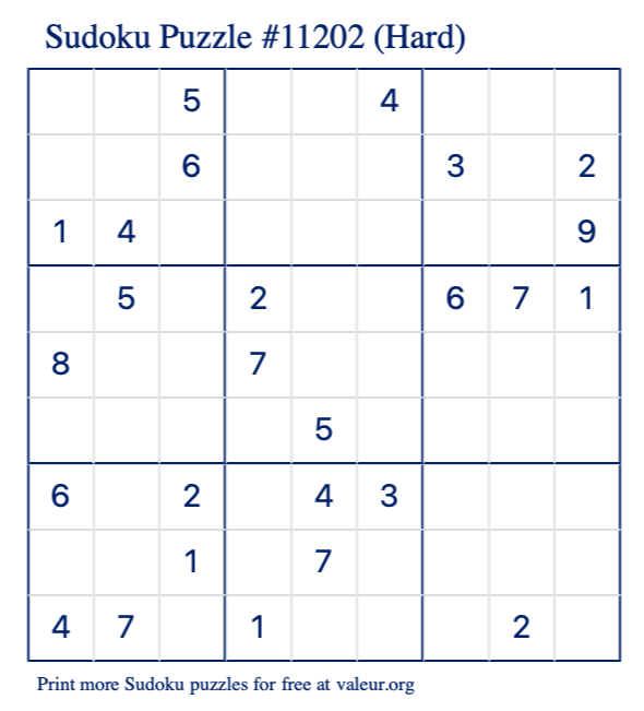 Free Printable Hard Sudoku Puzzle number 11202