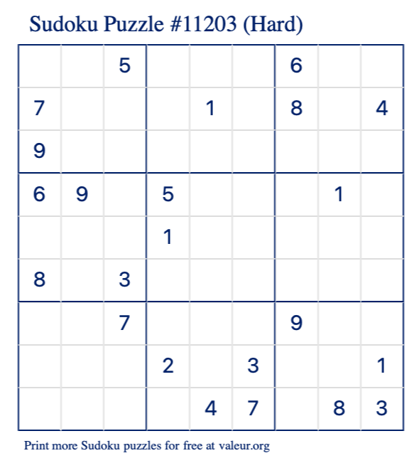 Free Printable Hard Sudoku Puzzle number 11203