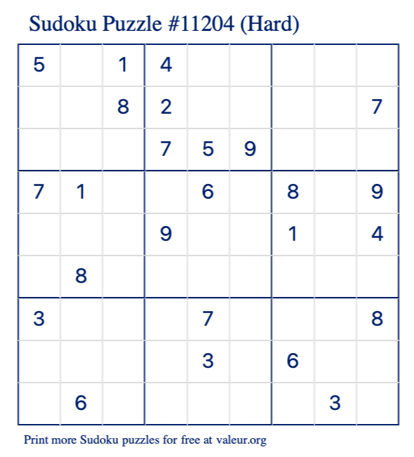 Free Printable Hard Sudoku Puzzle number 11204