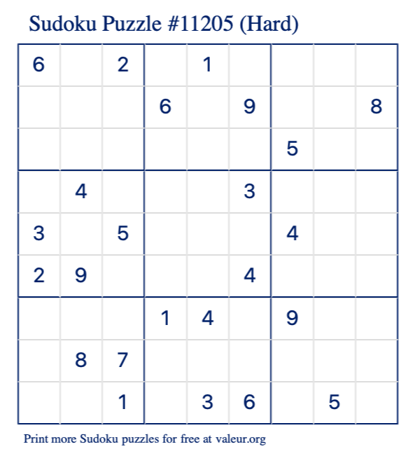 Free Printable Hard Sudoku Puzzle number 11205