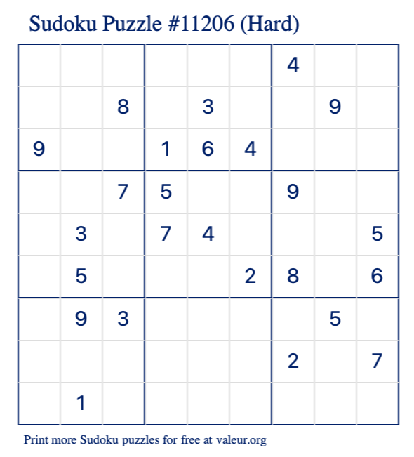 Free Printable Hard Sudoku Puzzle number 11206