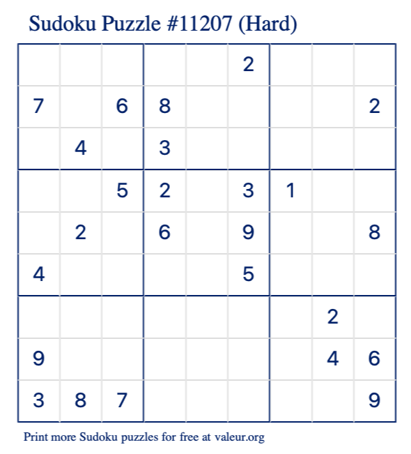 Free Printable Hard Sudoku Puzzle number 11207