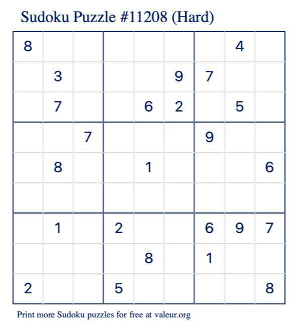 Free Printable Hard Sudoku Puzzle number 11208