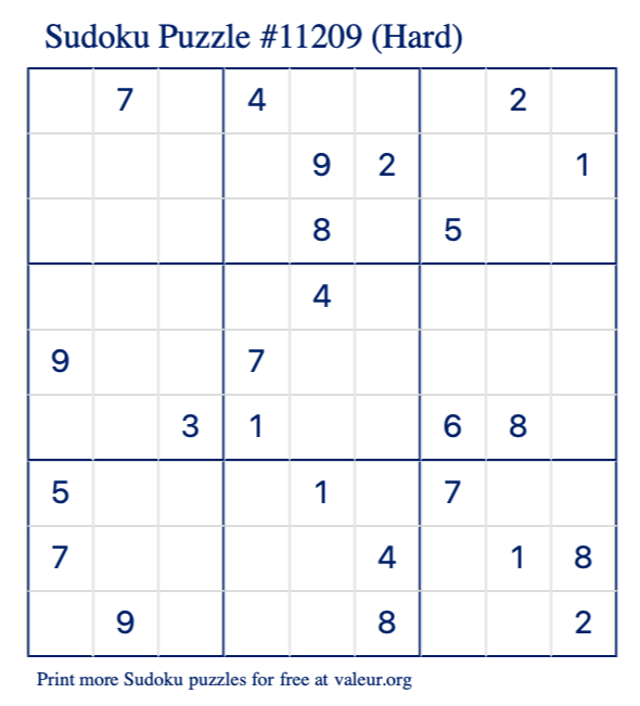 Free Printable Hard Sudoku Puzzle number 11209