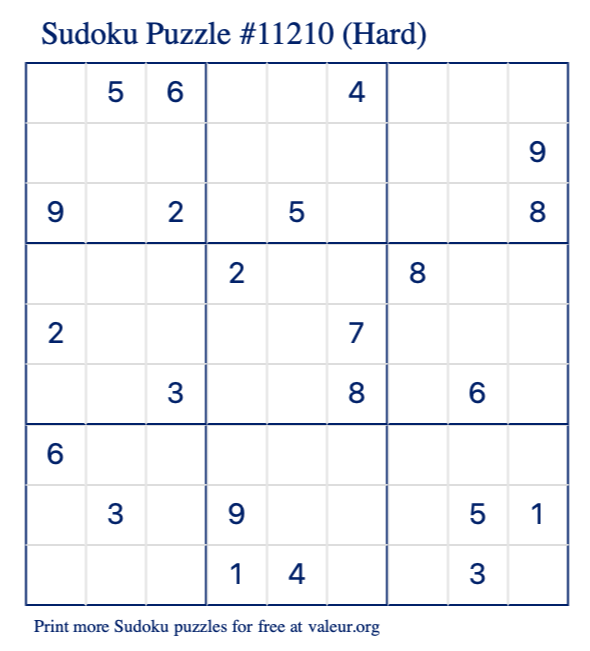 Free Printable Hard Sudoku Puzzle number 11210