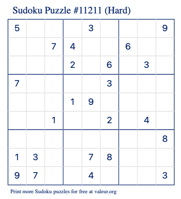 Free Printable Hard Sudoku Puzzle number 11211