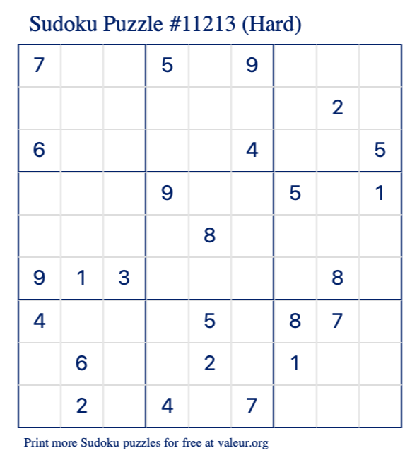 Free Printable Hard Sudoku Puzzle number 11213