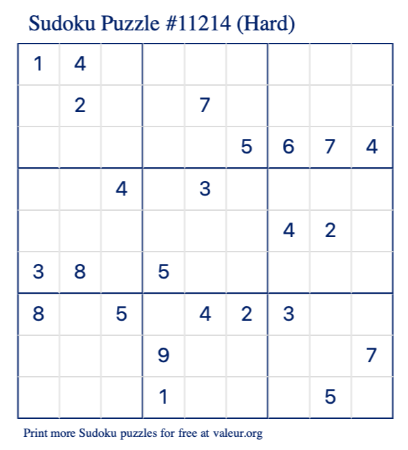 Free Printable Hard Sudoku Puzzle number 11214
