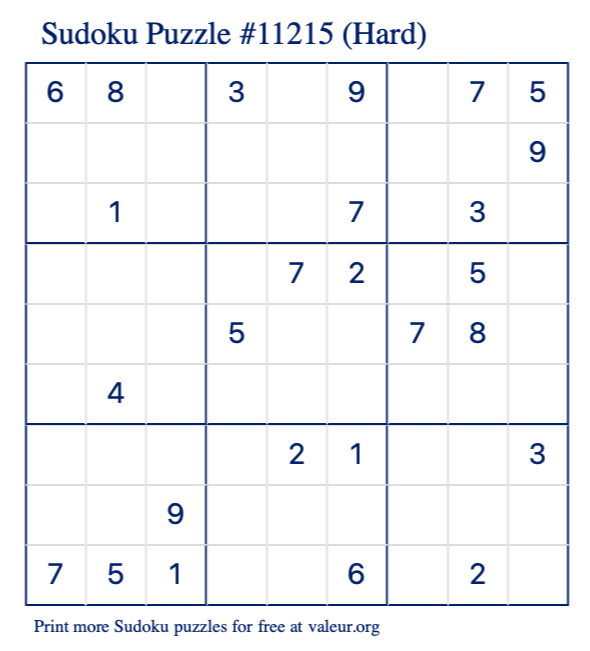 Free Printable Hard Sudoku Puzzle number 11215