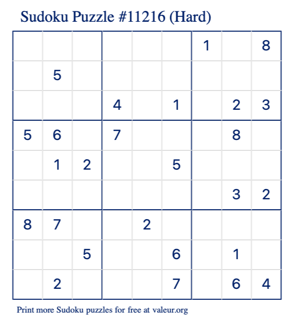 Free Printable Hard Sudoku Puzzle number 11216