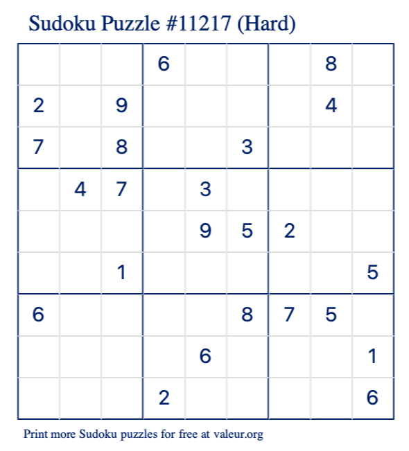 Free Printable Hard Sudoku Puzzle number 11217