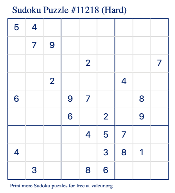 Free Printable Hard Sudoku Puzzle number 11218