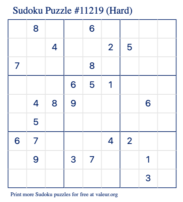 Free Printable Hard Sudoku Puzzle number 11219