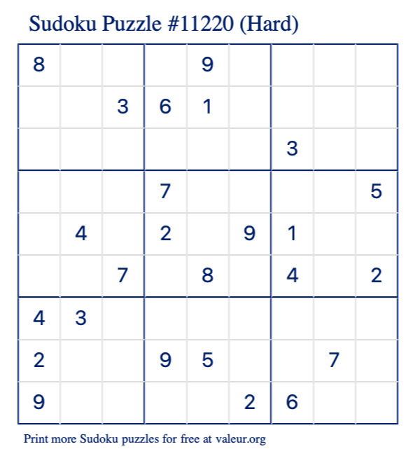Free Printable Hard Sudoku Puzzle number 11220