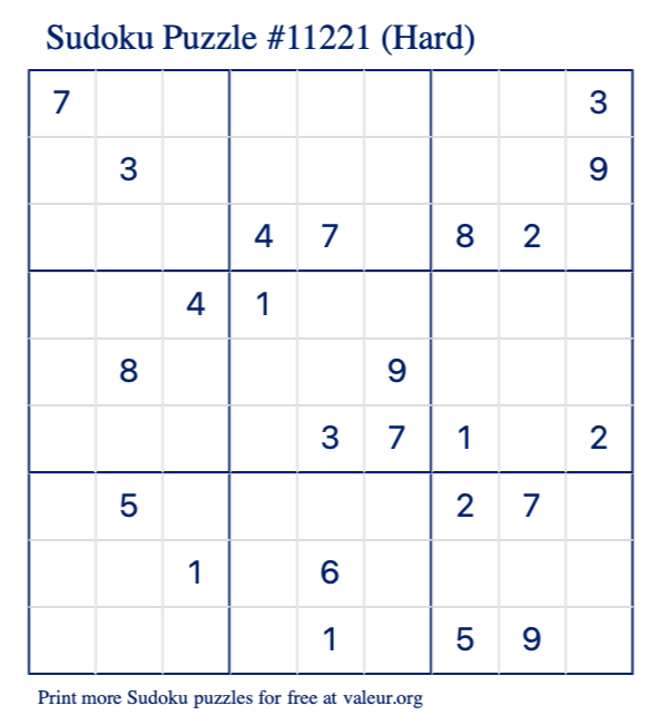 Free Printable Hard Sudoku Puzzle number 11221