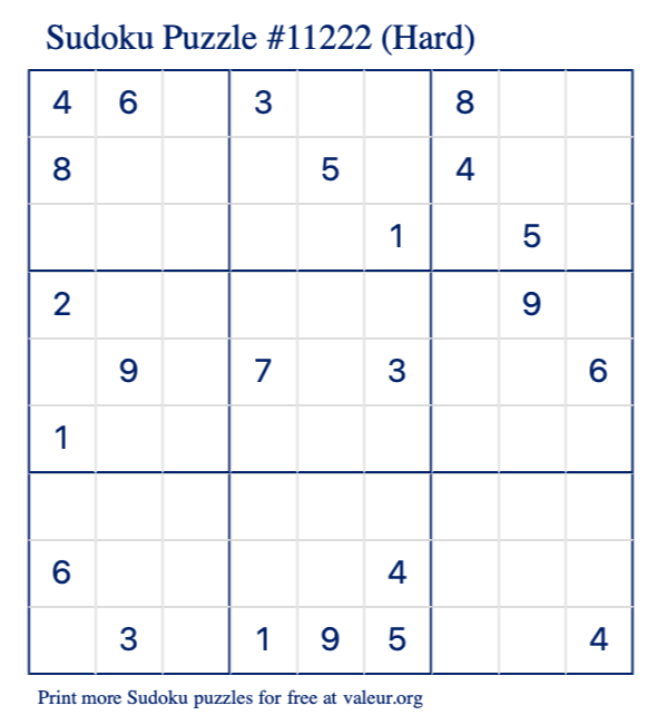 Free Printable Hard Sudoku Puzzle number 11222