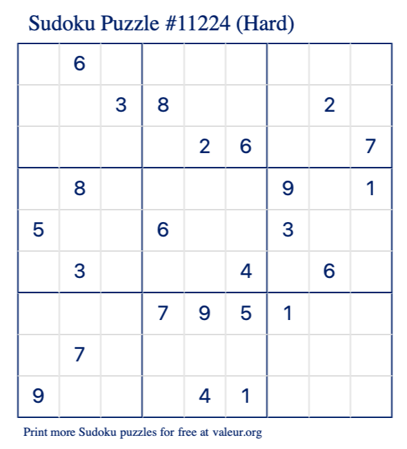 Free Printable Hard Sudoku Puzzle number 11224