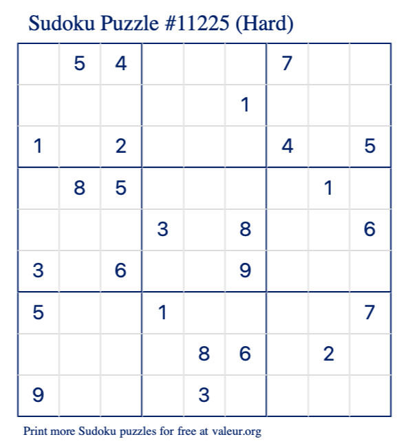 Free Printable Hard Sudoku Puzzle number 11225
