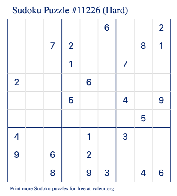 Free Printable Hard Sudoku Puzzle number 11226