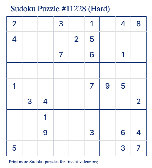 Free Printable Hard Sudoku Puzzle number 11228