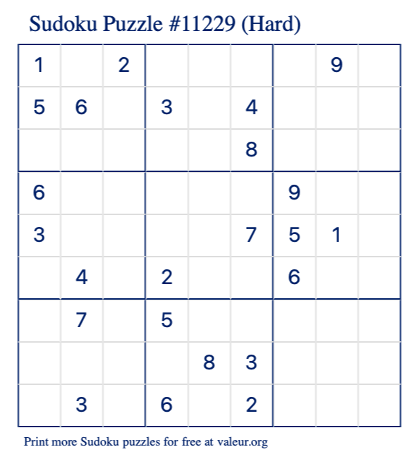 Free Printable Hard Sudoku Puzzle number 11229