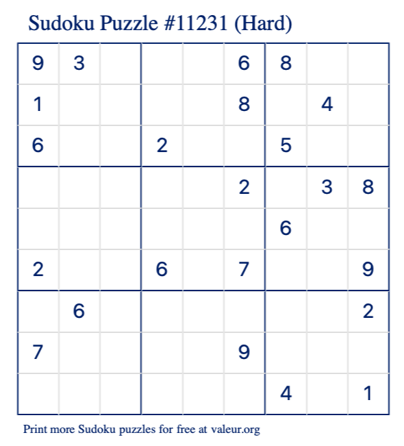 Free Printable Hard Sudoku Puzzle number 11231