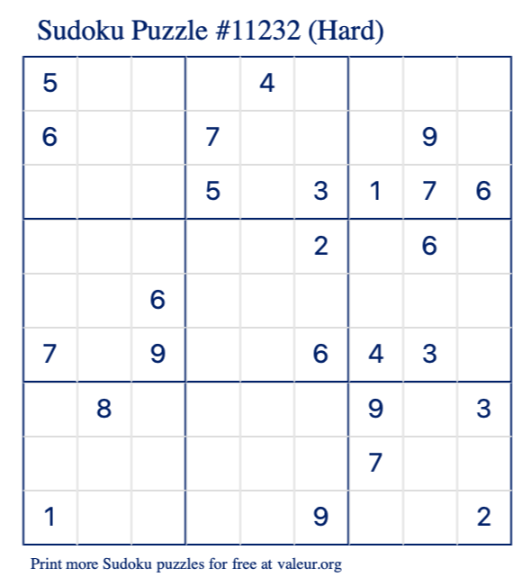 Free Printable Hard Sudoku Puzzle number 11232