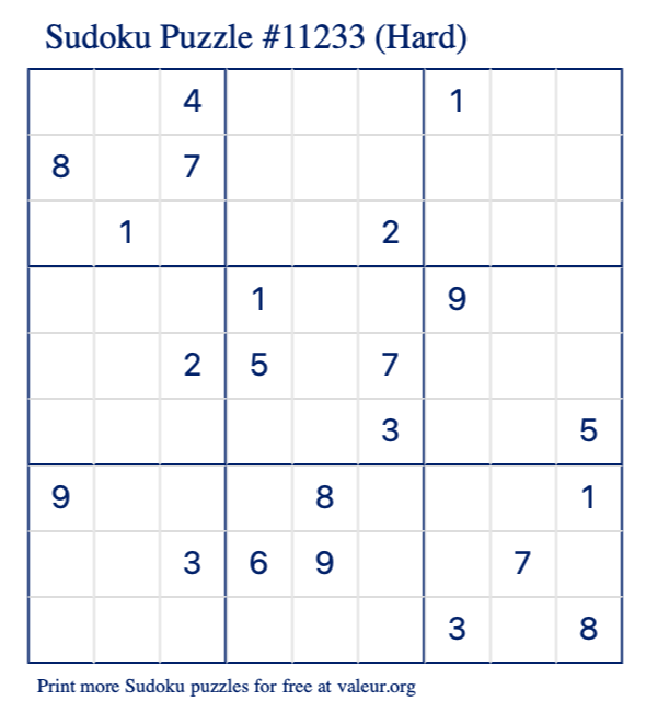 Free Printable Hard Sudoku Puzzle number 11233