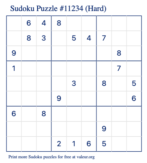 Free Printable Hard Sudoku Puzzle number 11234