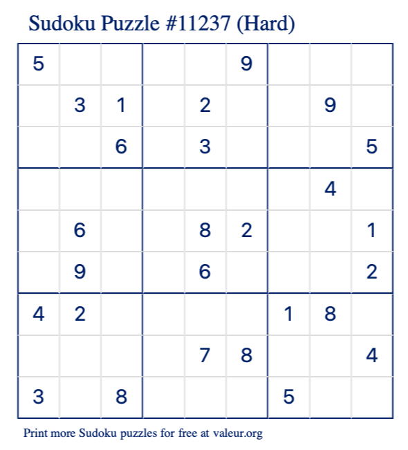 Free Printable Hard Sudoku Puzzle number 11237