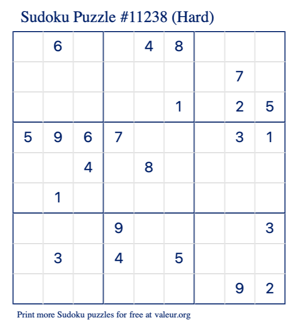 Free Printable Hard Sudoku Puzzle number 11238
