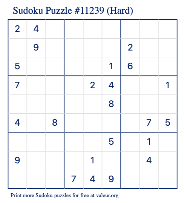 Free Printable Hard Sudoku Puzzle number 11239