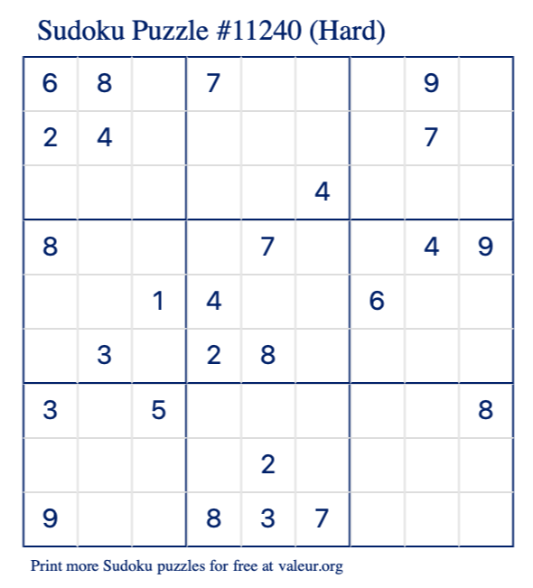 Free Printable Hard Sudoku Puzzle number 11240