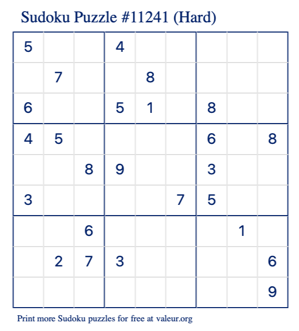 Free Printable Hard Sudoku Puzzle number 11241